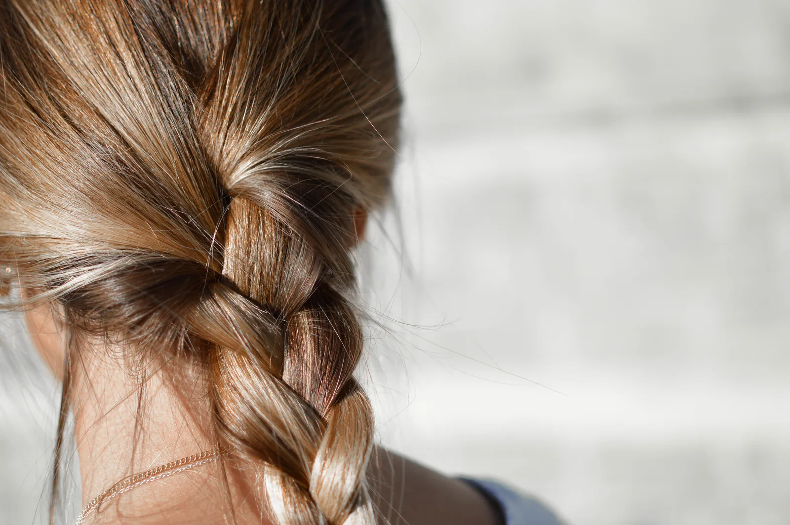 A long braid of fair hair, seen from behind